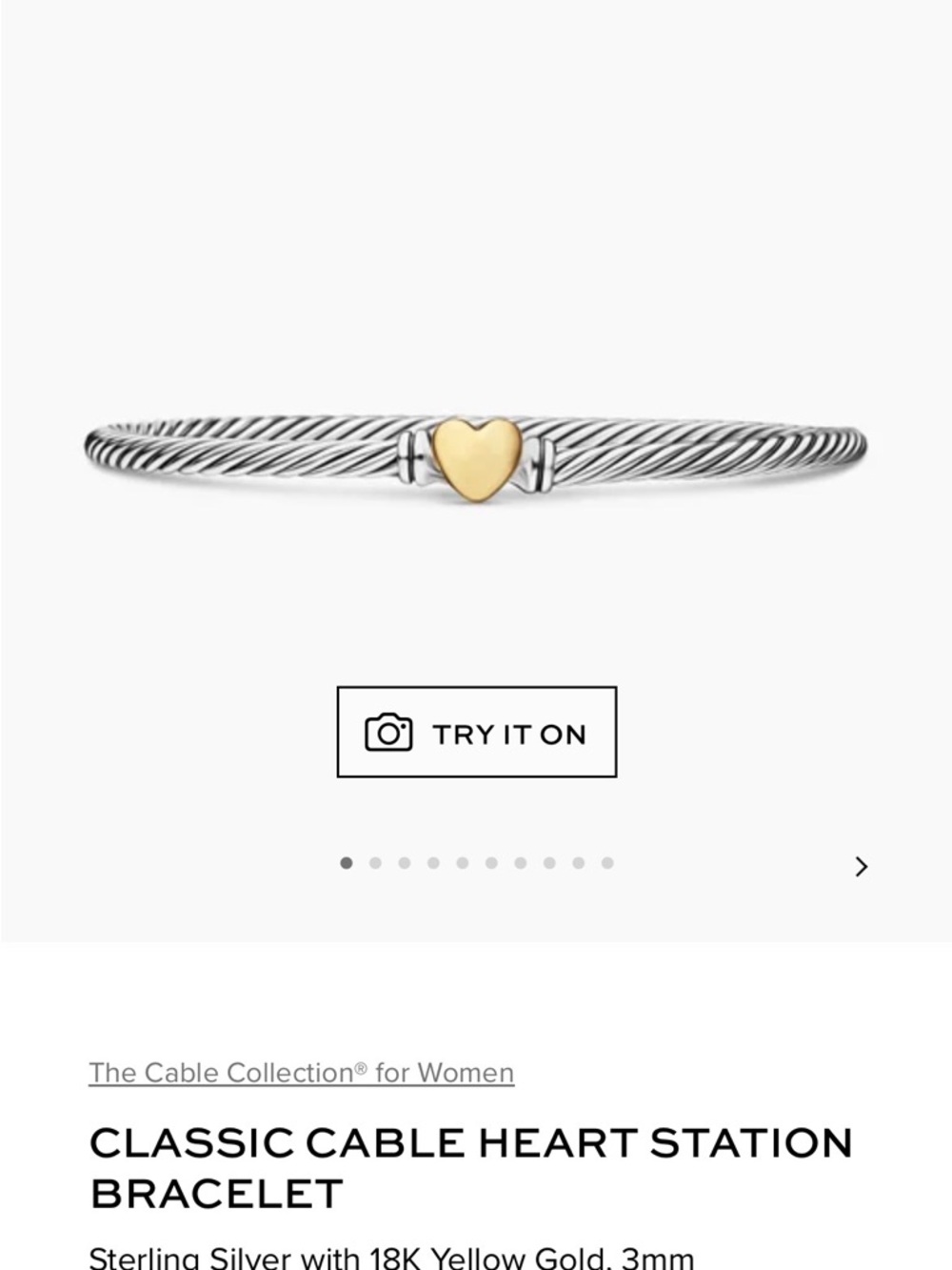 David Yurman Silver Cable Bracelet with Yellow Gold Heart